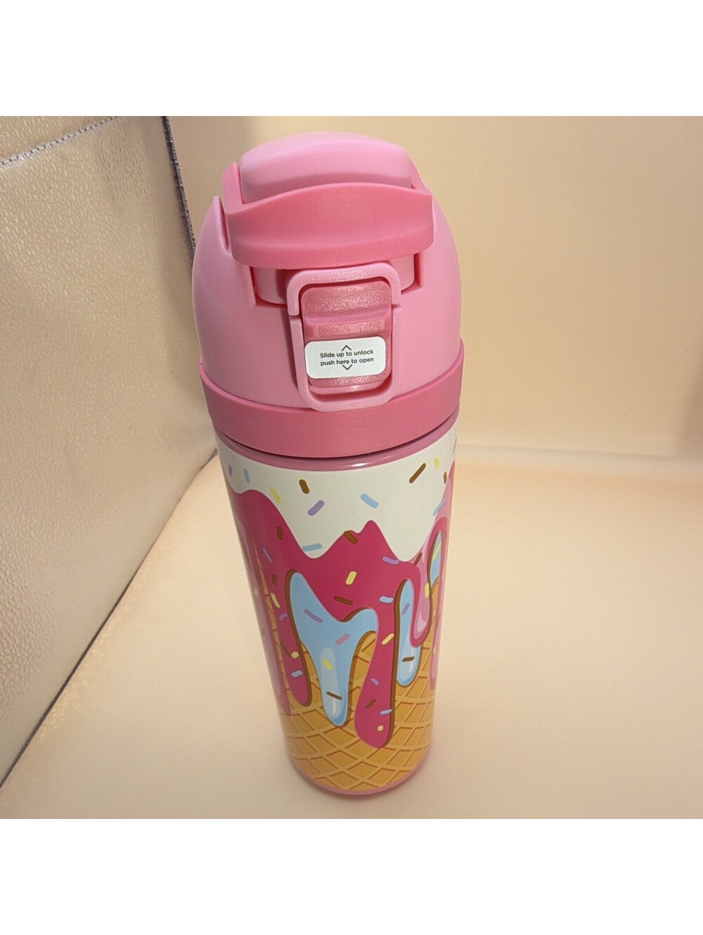 Ice Cream Bottle 20 fl oz Pink Sprinkles Plastic Push Button Lid BPA Free Handle